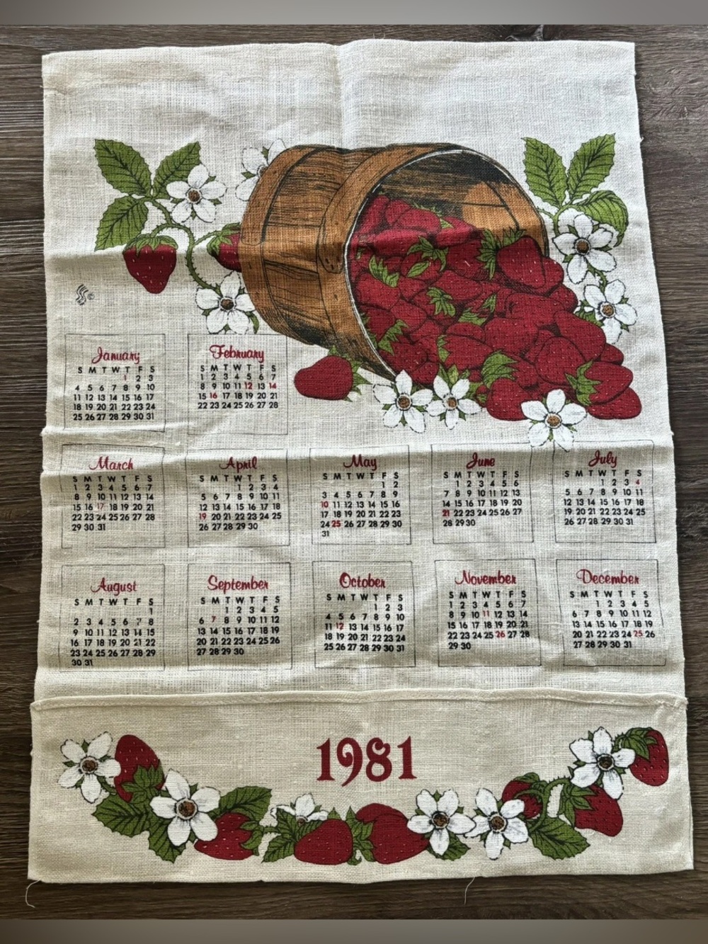 Vintage 1981 Strawberry Kitchen Calendar Tea Towel - Red